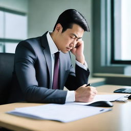 Create an image of an Asian man sitting at a large desk in an office, wearing a suit and tie, deep in thought