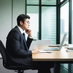 Create an image of an Asian man sitting at a large desk in an office, wearing a suit and tie, deep in thought