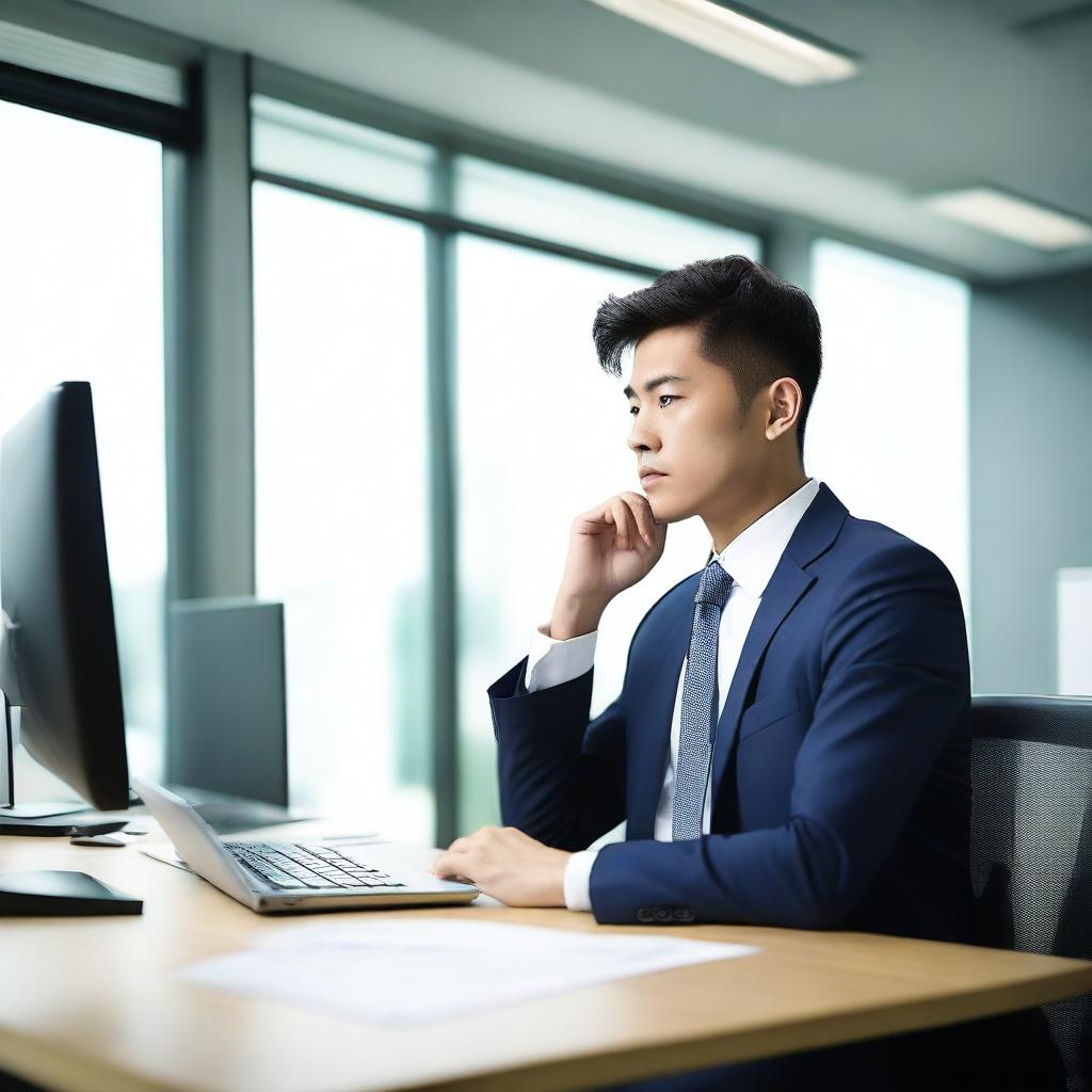 Create an image of a young and handsome Asian man sitting sideways at a large desk in an office, wearing a suit and tie, deep in thought