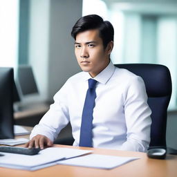 Create an image of a young and handsome Asian man sitting sideways at a large desk in an office, wearing a suit and tie, deep in thought