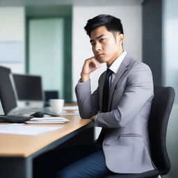 Create an image of a young and handsome Asian man sitting sideways at a large desk in an office, wearing a suit and tie, deep in thought