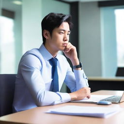 Create an image of a young and handsome Asian man sitting sideways at a large desk in an office, wearing a suit and tie, deep in thought