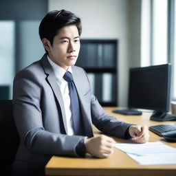 Create an image of a young and handsome Asian man sitting with his back facing the viewer at a large work desk