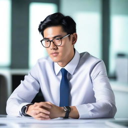 Create an image of a young and handsome Asian man sitting with his back facing the viewer at a large work desk