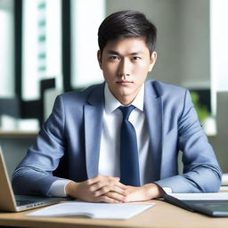 Create an image of a young and handsome Asian man sitting with his back facing the viewer at a large work desk