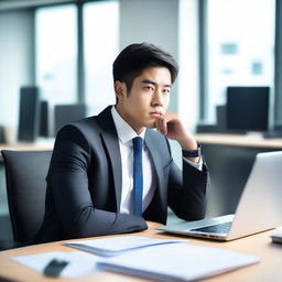 Create an image of a young and handsome Asian man sitting with his back facing the viewer at a large work desk