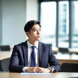 Create an image of a young and handsome Asian man sitting with his back facing the viewer at a large work desk