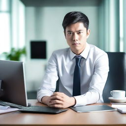 Create an image of a young and handsome Asian man sitting with his back facing the viewer at a large work desk