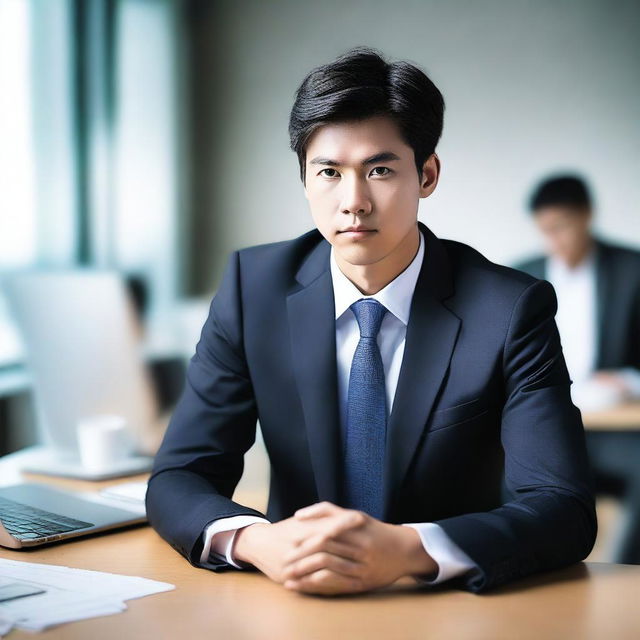 Create an image of a young and handsome Asian man sitting with his back facing the viewer at a large work desk