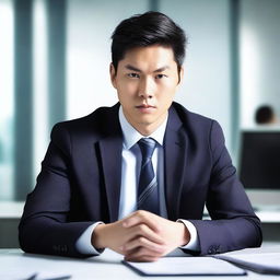 Create an image of a young and handsome Asian man sitting with his back facing the viewer at a large work desk