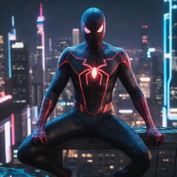 Spiderman wearing ElectroPunk attire, with neon lights and heavy electronic elements, set against a cutting-edge, electrified cityscape