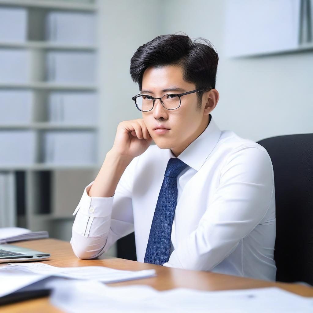 Create an image of a young and handsome Korean man sitting with his back facing the viewer at a large work desk