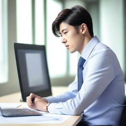 Create an image of a young and handsome Korean man sitting with his back facing the viewer at a large work desk