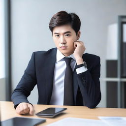 Create an image of a young and handsome Korean man sitting with his back facing the viewer at a large work desk