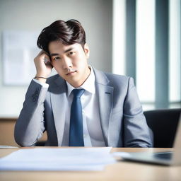 Create an image of a young and handsome Korean man sitting with his back facing the viewer at a large work desk