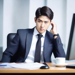 Create an image of a young and handsome Korean man sitting with his back facing the viewer at a large work desk with a computer