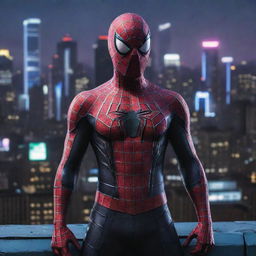 Spiderman wearing ElectroPunk attire, with neon lights and heavy electronic elements, set against a cutting-edge, electrified cityscape