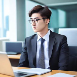 Create an image of a young and handsome Korean man sitting with his back facing the viewer at a large work desk with a computer