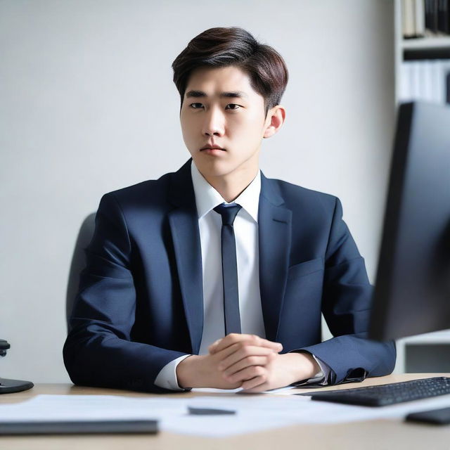 Create an image of a young and handsome Korean man sitting with his back facing the viewer at a large work desk with a computer