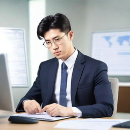 Create an image of a young and handsome Korean man sitting with his back facing the viewer at a large work desk with a computer