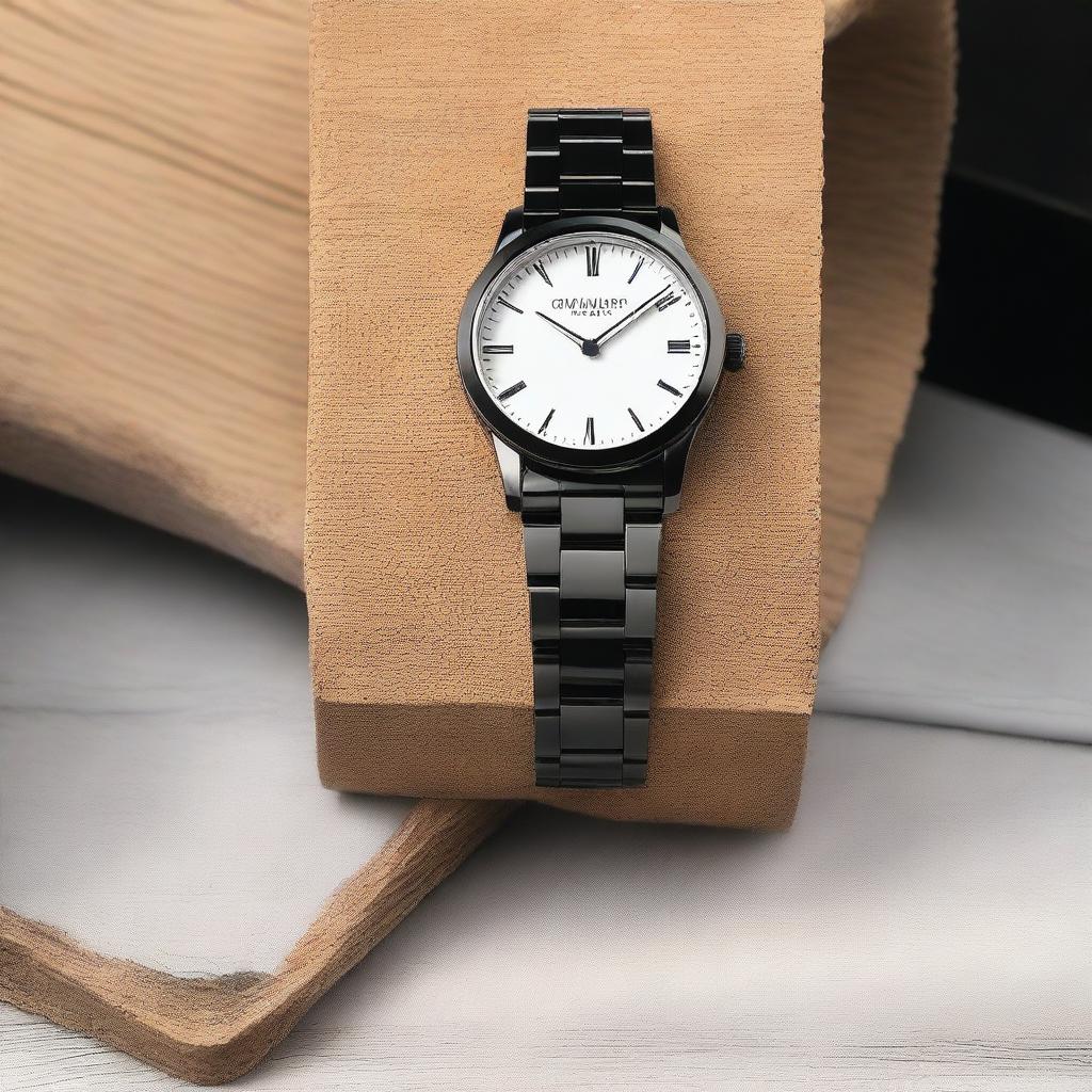 An elegant metal watch featuring a black bezel and a black dial with white numbers