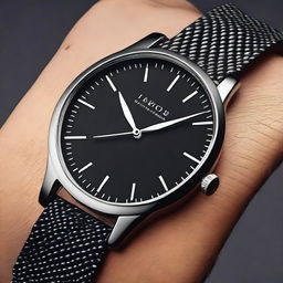 An elegant metal watch featuring a black bezel and a black dial with white numbers