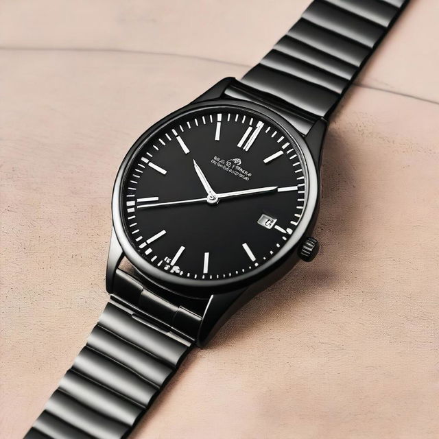 An elegant metal watch featuring a black bezel and a black dial with white numbers