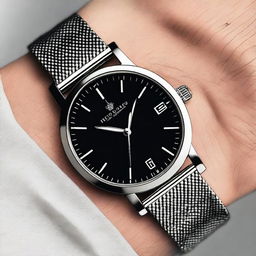 An elegant metal watch featuring a black bezel and a black dial with white numbers