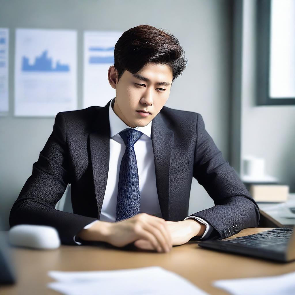 Create an image of a young and handsome Korean man sitting with his back facing the viewer at a large work desk with a computer