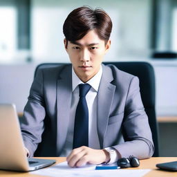 Create an image of a young and handsome Korean man sitting with his back facing the viewer at a large work desk with a computer