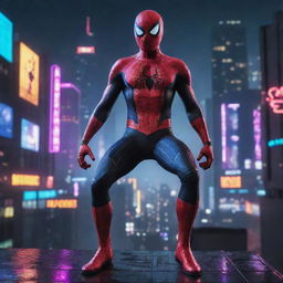 Spiderman wearing ElectroPunk attire, with neon lights and heavy electronic elements, set against a cutting-edge, electrified cityscape