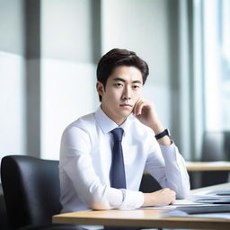 Create an image of a young and handsome Korean man sitting with his back facing the viewer at a large work desk with a computer