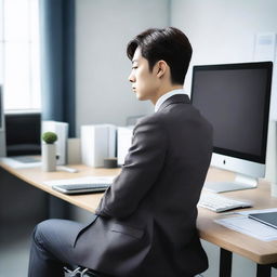 Create an image of a young and handsome Korean man sitting with his back facing the viewer at a large work desk with a computer