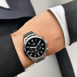 An elegant metal watch featuring a black bezel with numbers and a black dial with white numbers