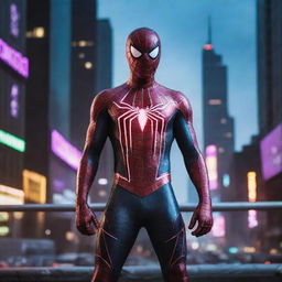 Spiderman wearing ElectroPunk attire, with neon lights and heavy electronic elements, set against a cutting-edge, electrified cityscape