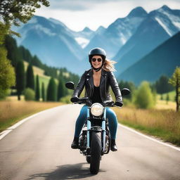 A joyful and patient biker named Magda, riding her motorcycle with a big smile on her face