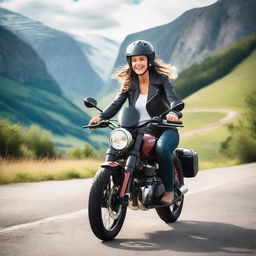 A joyful and patient biker named Magda, riding her motorcycle with a big smile on her face