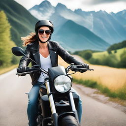 A joyful and patient biker named Magda, riding her motorcycle with a big smile on her face