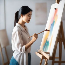 Create an image of a beautiful Asian woman painting on a canvas in her studio