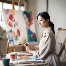 Create an image of a beautiful Asian woman painting on a canvas in her studio