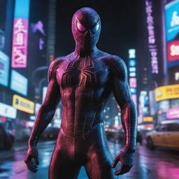 Spiderman clad in Cyberpunk attire, featuring futuristic neon lights, cables, and holographic interfaces, set within a bustling high-tech, dystopian city