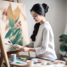 Create an image of a beautiful Asian woman painting on a canvas in her studio