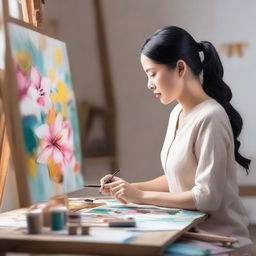 Create an image of a beautiful Asian woman painting on a canvas in her studio