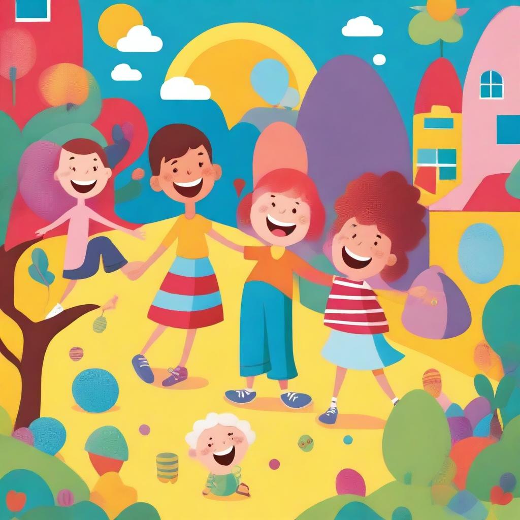 A colorful and cheerful scene designed for children, featuring playful characters and a vibrant background