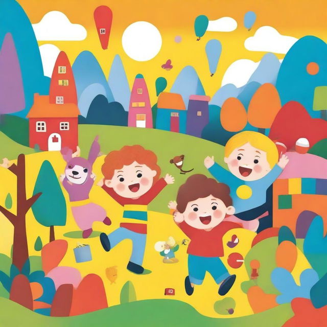 A colorful and cheerful scene designed for children, featuring playful characters and a vibrant background