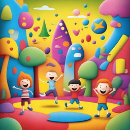 A colorful and cheerful scene designed for children, featuring playful characters and a vibrant background