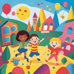 A colorful and cheerful scene designed for children, featuring playful characters and a vibrant background