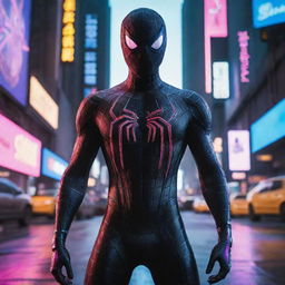 Spiderman clad in Cyberpunk attire, featuring futuristic neon lights, cables, and holographic interfaces, set within a bustling high-tech, dystopian city