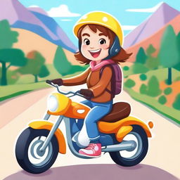 A joyful and patient young girl named Magda, riding her small motorcycle with a big smile on her face