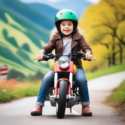 A joyful and patient young girl named Magda, riding her small motorcycle with a big smile on her face